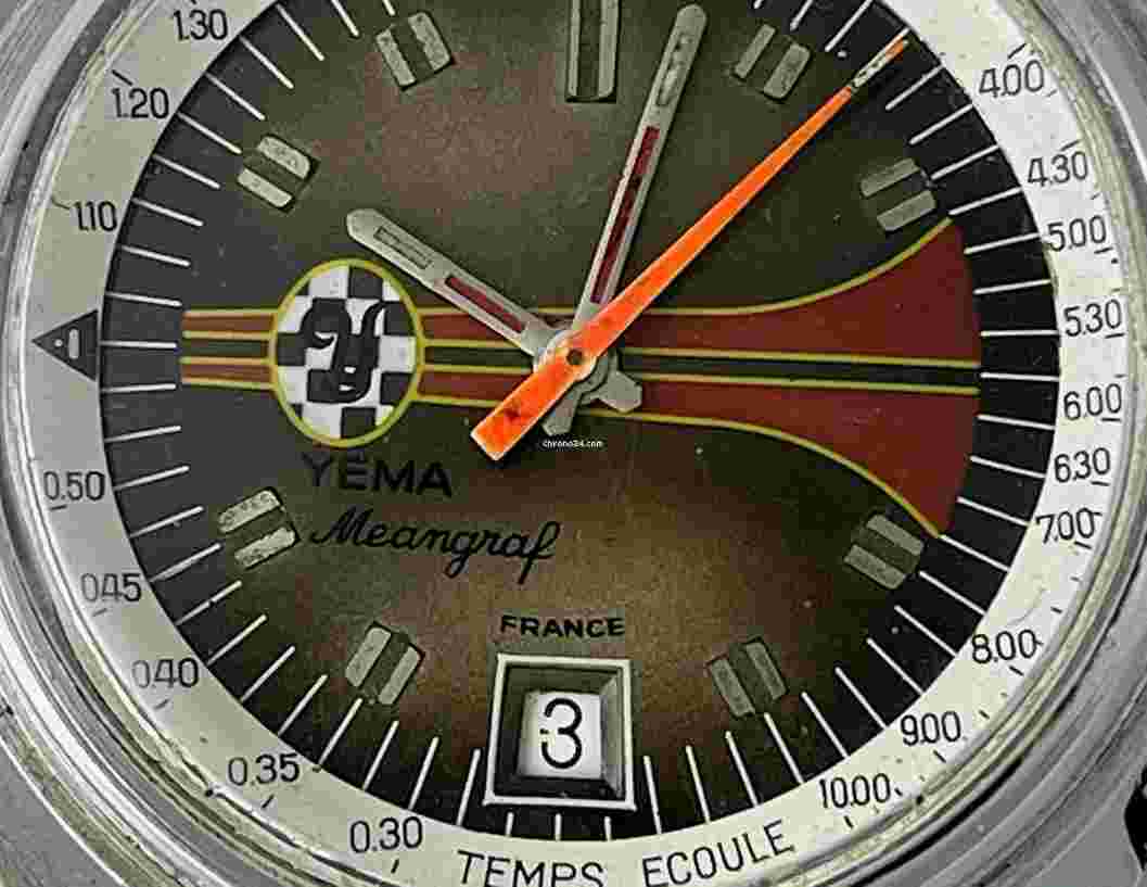 Yema
Meangraf Racing Tachymeter Date Two Tone Dial Screw Down Case Back Vintage Made in France