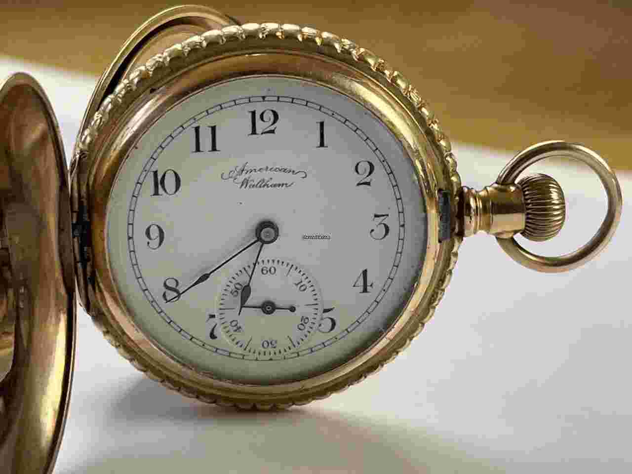 Waltham
Railroad Military Gold Capped Hunter Case Savonette Antique Pocket Watch Porcelain Dial