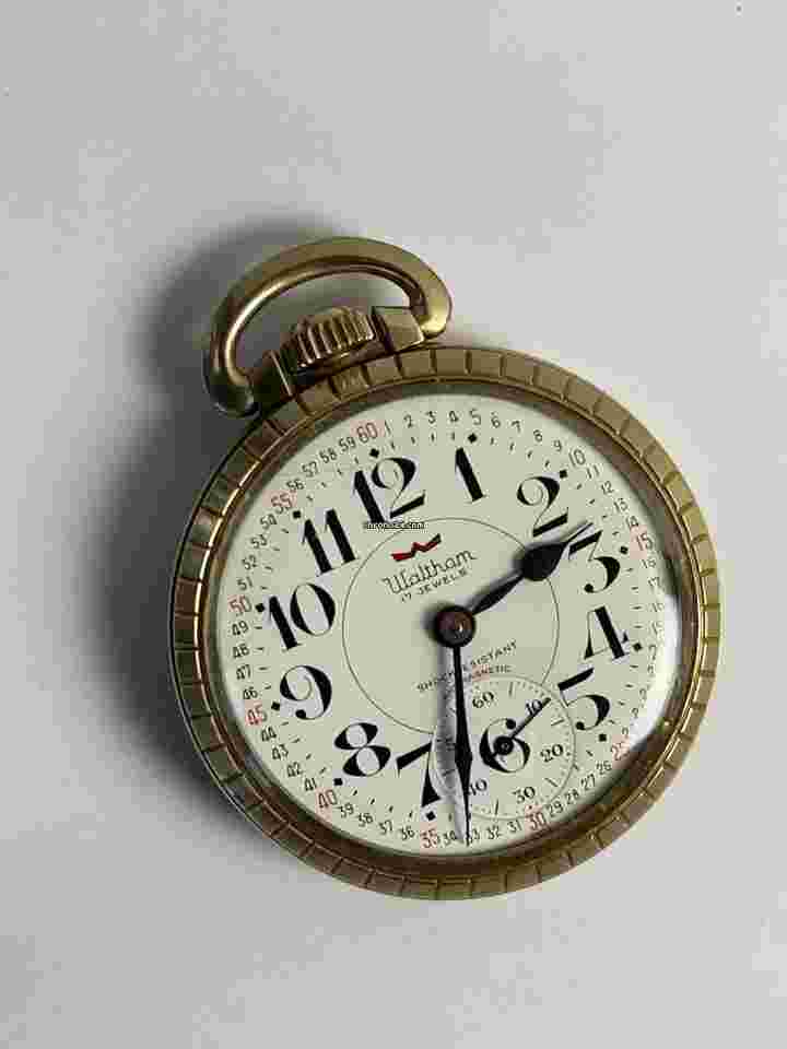 Waltham
Railroad 10K Gold RGP Porcelain Montgomery Dial Screw Down Back Vintage Pocket Watch Swiss
