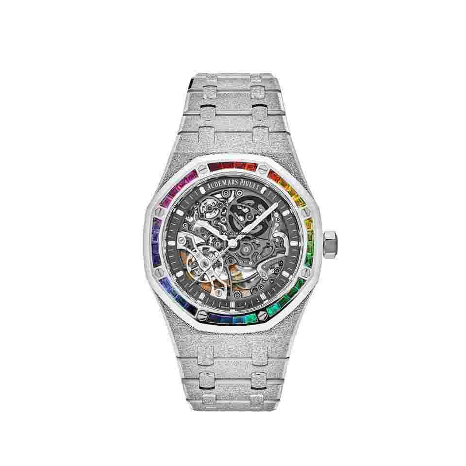 Audemars Piguet Royal Oak Double Balance Wheel Openworked
15412BC.YG.1224BC.03 Double Balance Wheel Rainbow Bezel Frosted White Gold