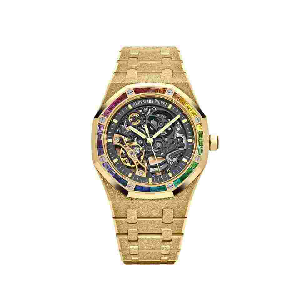 Audemars Piguet Royal Oak Double Balance Wheel Openworked
15412BA.YG.1224BA.01 Rainbow Baguette Frosted Yellow Gold Double Balance Wheel