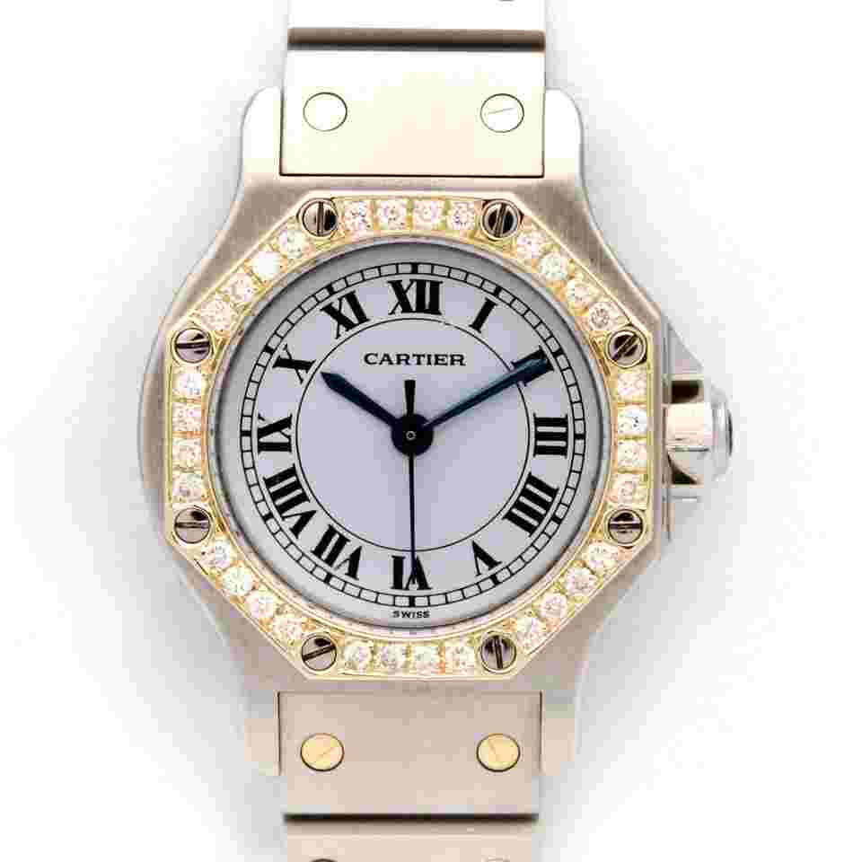 Cartier Santos
Octagon 25mm 0907 Auto Custom Diamond Bezel White Dial T/T 18kt Gold VSG