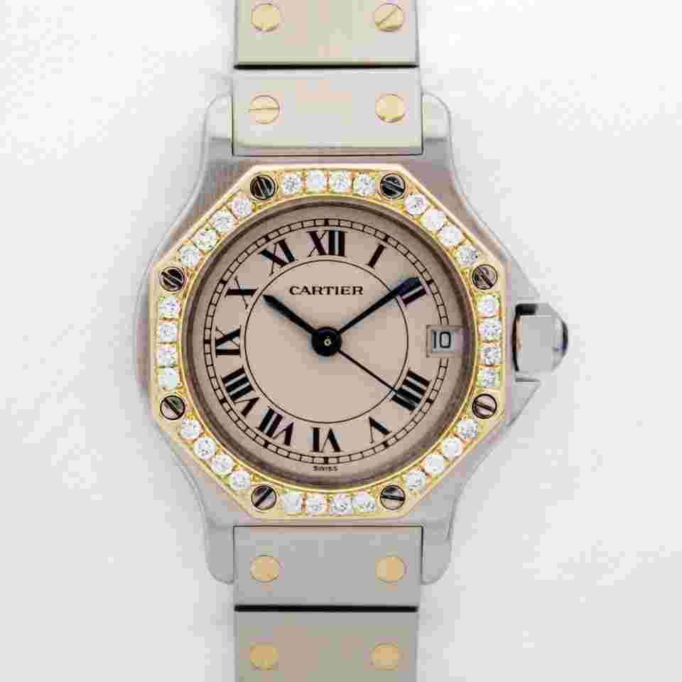 Cartier Santos
Octagon 187903 25mm Custom Diamond Bezel Ivory Dial Two Tone 18kt Gold w.B