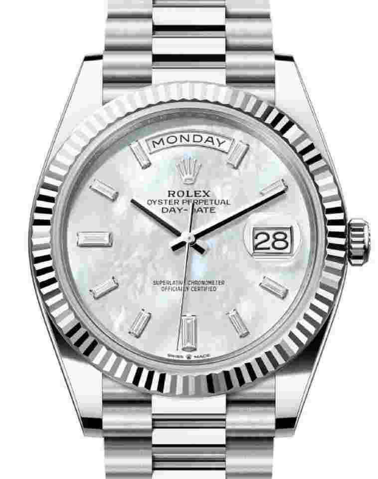 Rolex Day-Date 40
Unworn Day-Date 40mm Mother of Pearl MOP Diamond Dial Platinum 228236 Box & Papers 2024