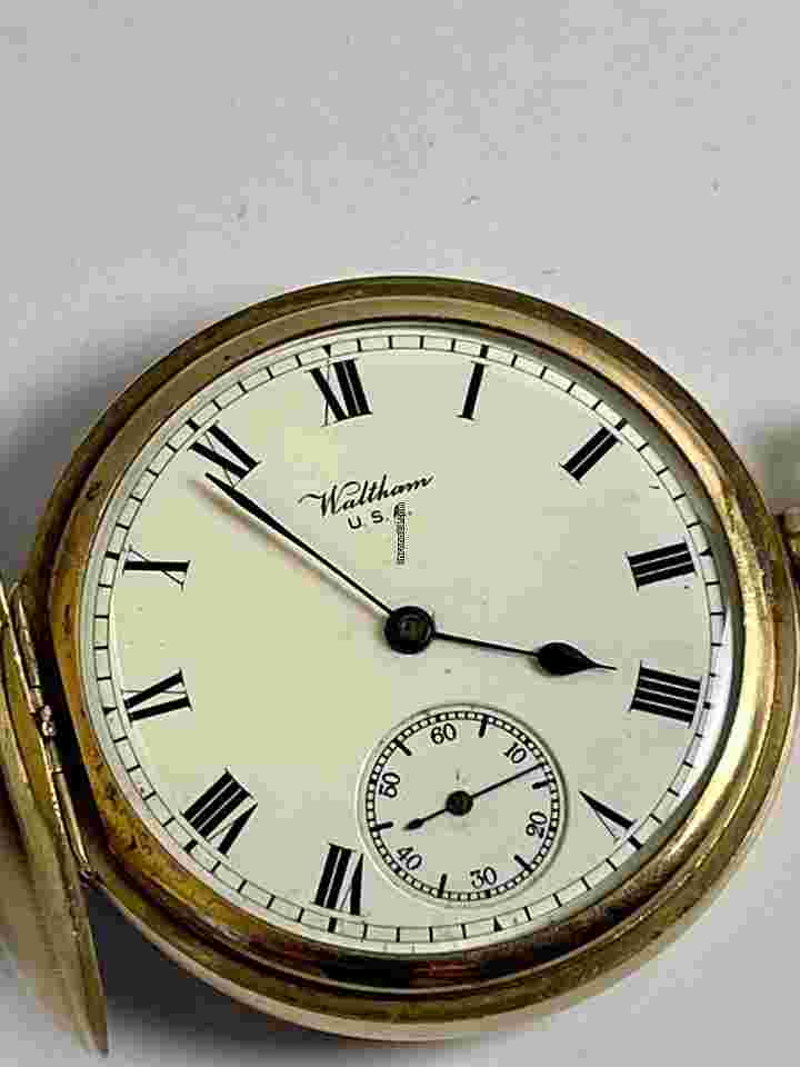 Waltham
14K Gold Filled Hunter Case Savonette Antique Pocket Watch Porcelain Dial Made USA