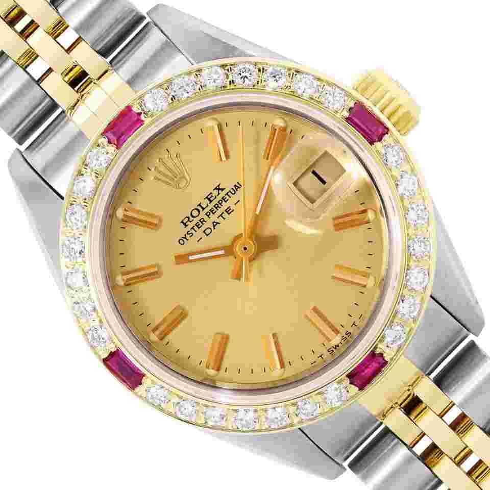 Rolex Oyster Perpetual Lady Date
Ladies Two Tone Date 26MM Champagne Index Dial 18K Yellow Gold Diamond Ruby Bezel Watch