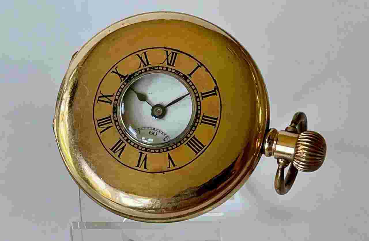 Anonymous Dennison Gold-Filled Half Hunter White Porcelain Dial Antique Pocket Watch Swiss Made