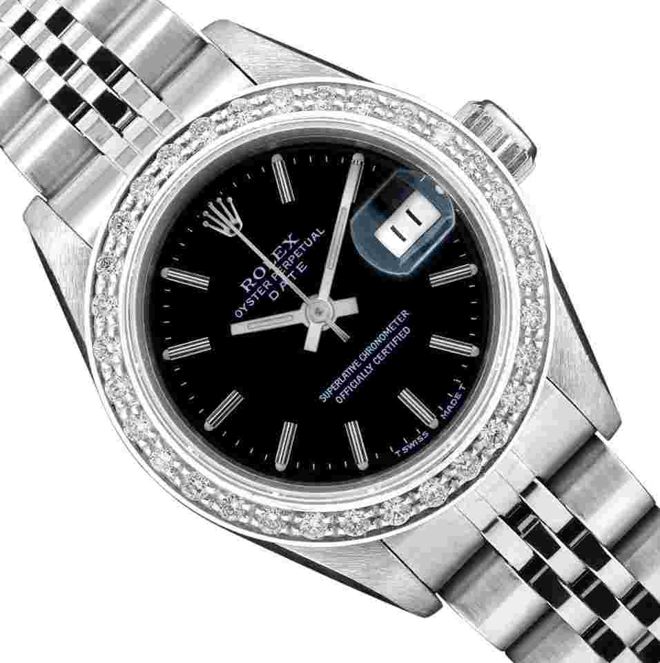 Rolex Oyster Perpetual Lady Date
Ladies Stainless Steel Quickset Black Dial Diamond Bezel Watch 26MM
