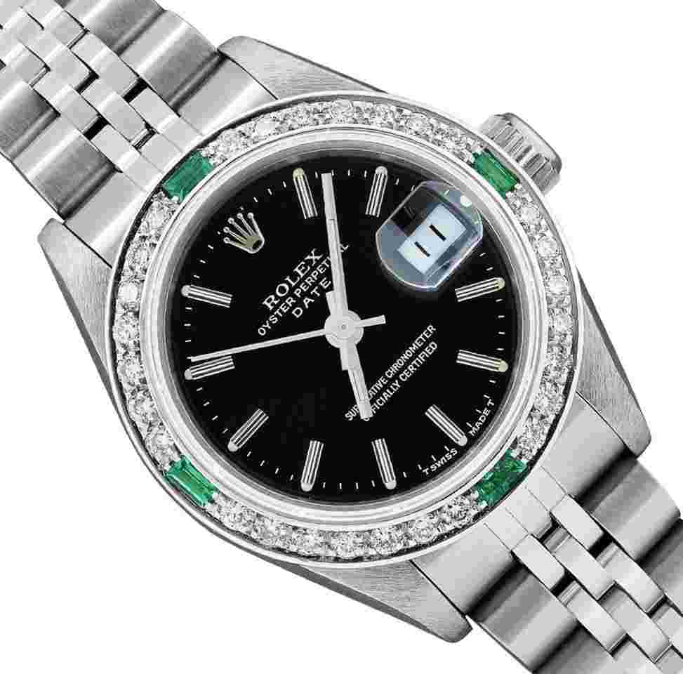 Rolex Oyster Perpetual Lady Date
Ladies Stainless Steel Quickset Black Dial Diamond Emerald Bezel Watch 26MM With Rolex Box