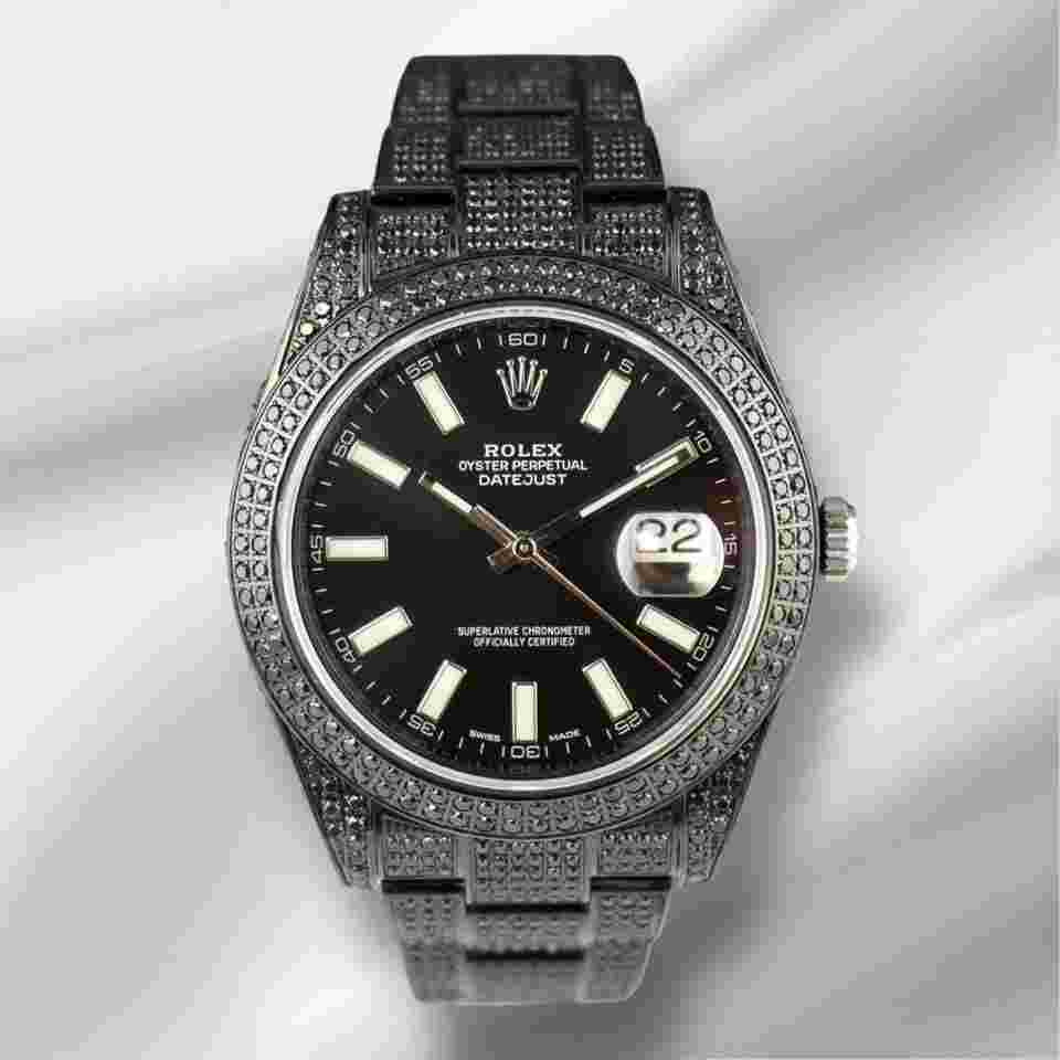 Rolex Datejust II
41mm Black IcedOut 10ct diamond Black Dial Watch 116300 Papers