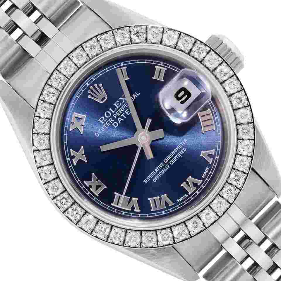Rolex Oyster Perpetual Lady Date
Ladies Stainless Steel Blue Roman Dial Stainless Steel Diamond Bezel Date Wristwatch 26MM