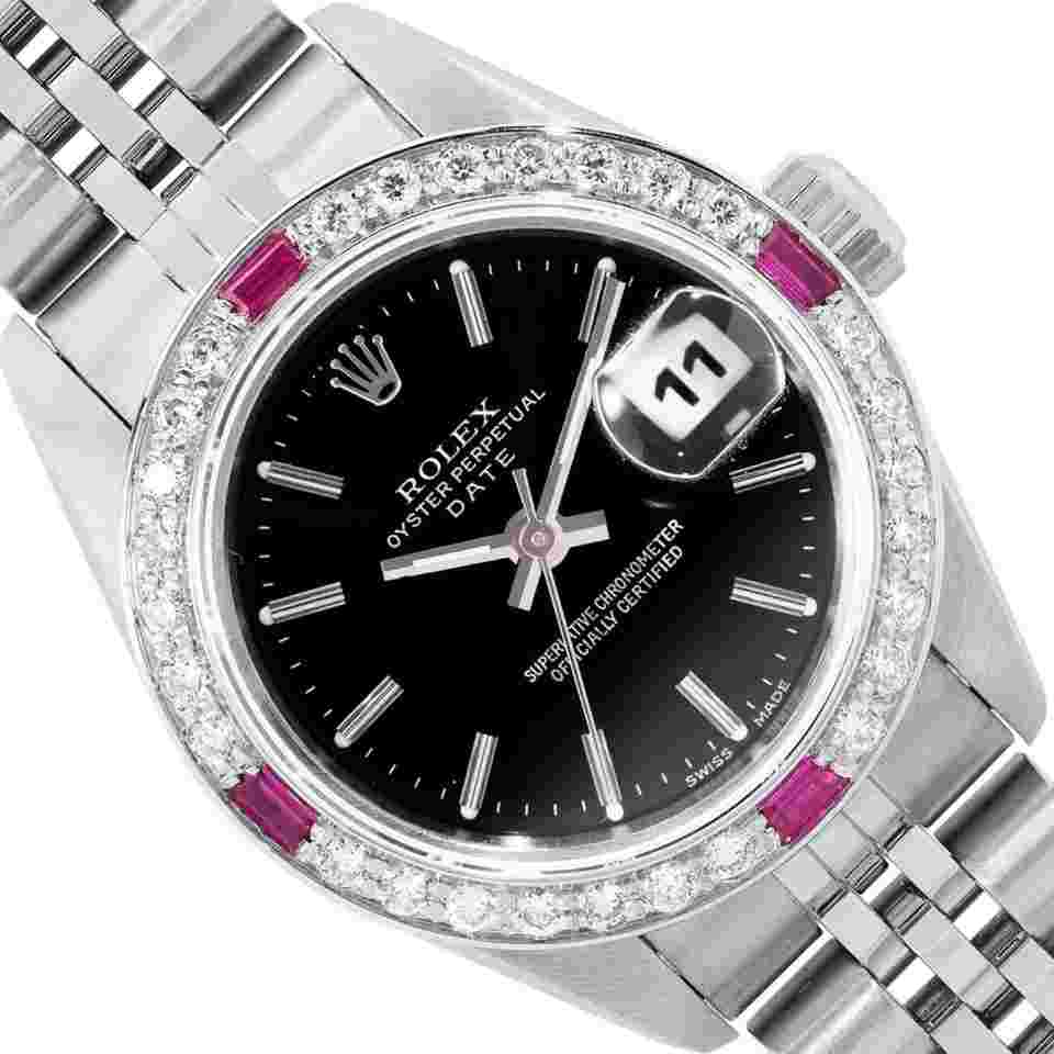 Rolex Oyster Perpetual Lady Date
Ladies Stainless Steel Black Index Dial Steel Diamond Ruby Bezel Date Wristwatch 26MM