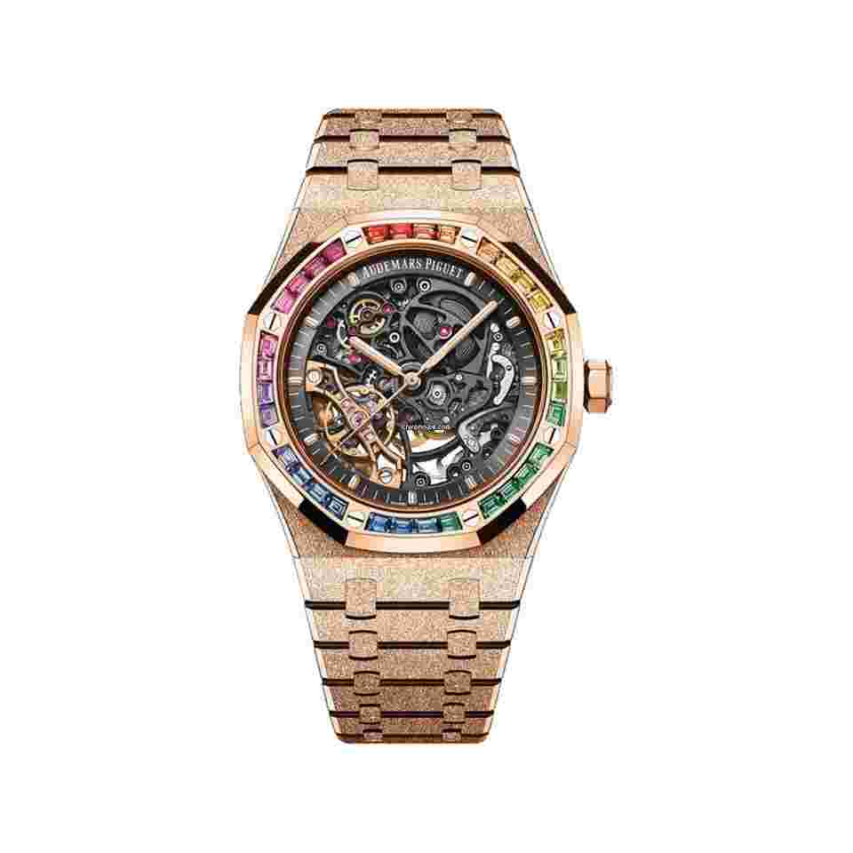 Audemars Piguet Royal Oak Double Balance Wheel Openworked
15412OR.YG.1224OR.01-B Double Balance Wheel Baguette Gemstones Frosted Rose Gold Openworked Dial