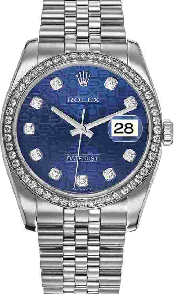 Rolex Datejust 36
New Style Datejust Stainless Steel Rolex Factory Diamond Bezel and Blue Anniversary Diamond Dial on Jubilee Bracelet 116244
