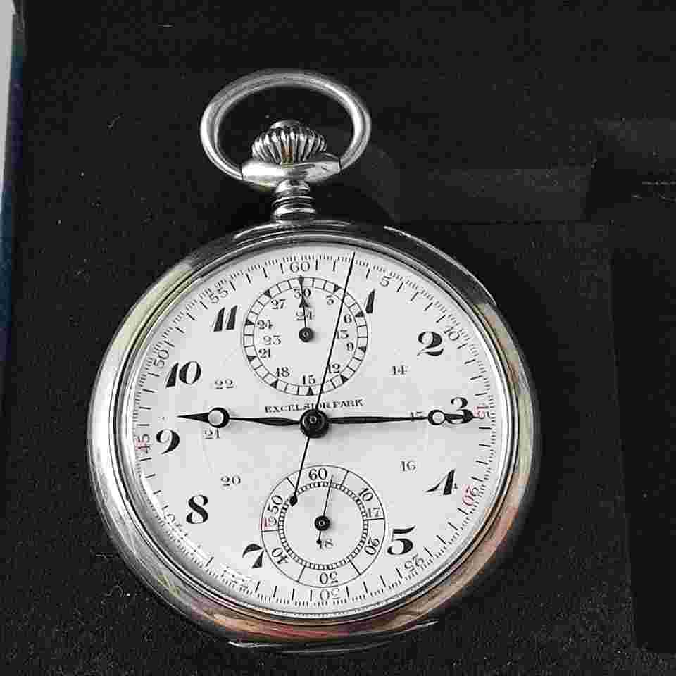Excelsior Park Chronograph one pusher pocket watch vintage rare silver chrono pocket watch