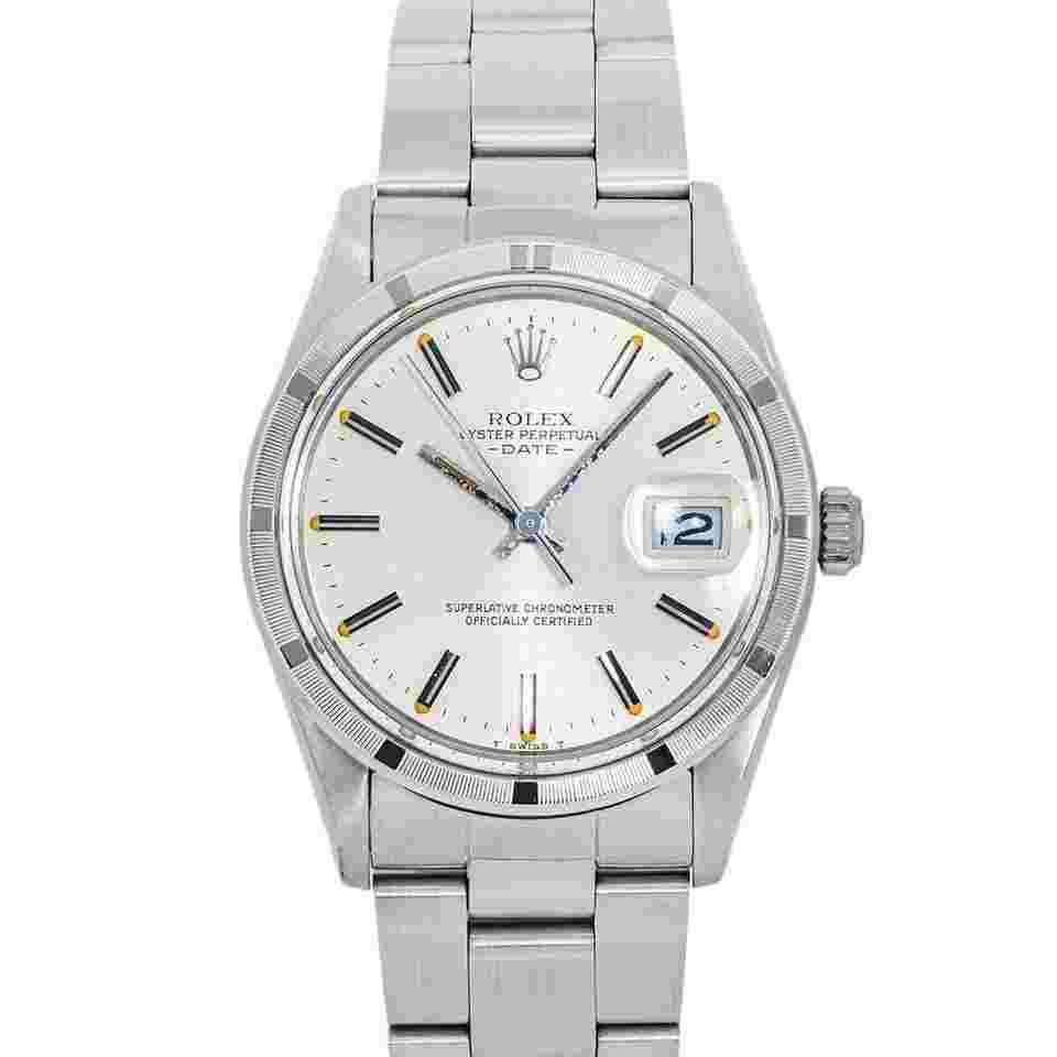 Rolex Oyster Perpetual Date 15010 Oyster Perpetual Date 34mm Engine Turned Bezel Silver Dial 1982