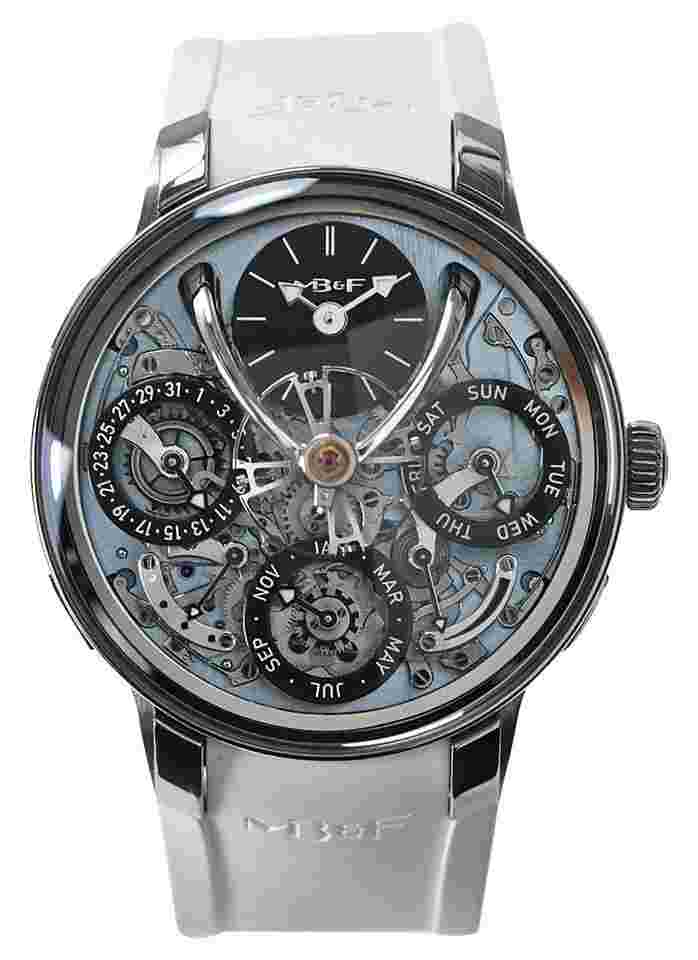 MBandF Legacy Machine Perpetual EVO Blue in Titanium on White Rubber Strap with Skeleton Dial and Ice Blue Baseplate