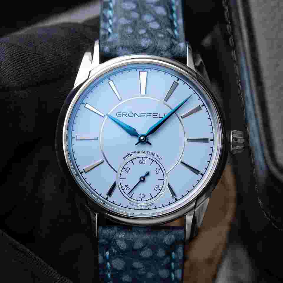 Grönefeld 1941 Principia Automatic RARE Light Blue Dial Steel Leather 39.5 Gronefeld