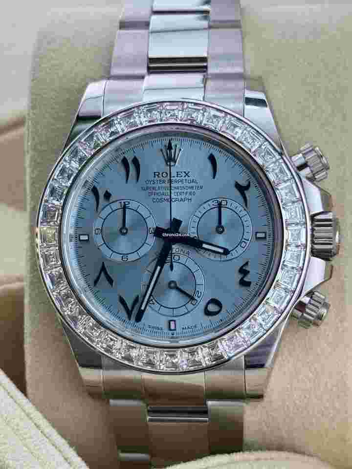 Rolex Daytona
Arabic Ice Blue Dial Bugguatte Diamond Bezel Open caseback New Reference