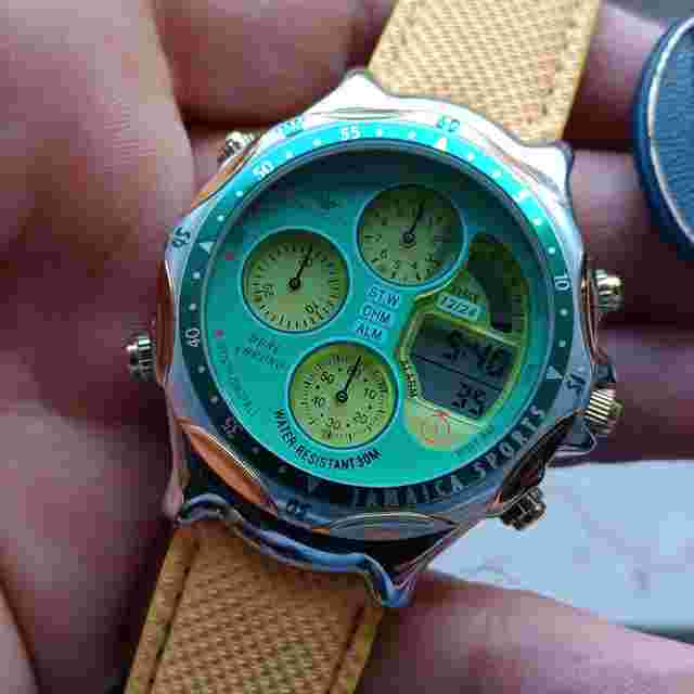 Pryngeps Jamaica World Chronograph Date Alarm Ana Digit Vintage '90 NOS Ø 40 mm Green Dial - Yellow strap. RARE